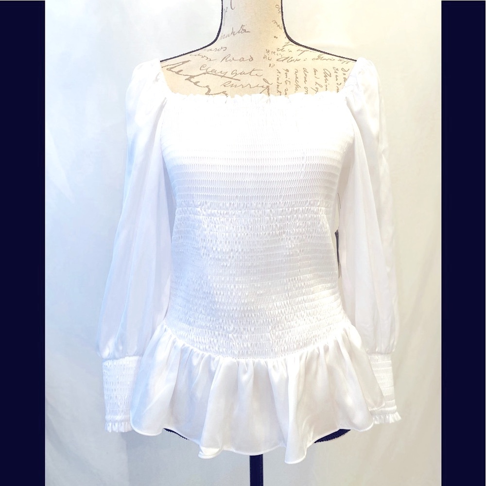 Inc White Smocked Bodice Ruffle Bottom Puff Sleeve Square Neckline Top N…